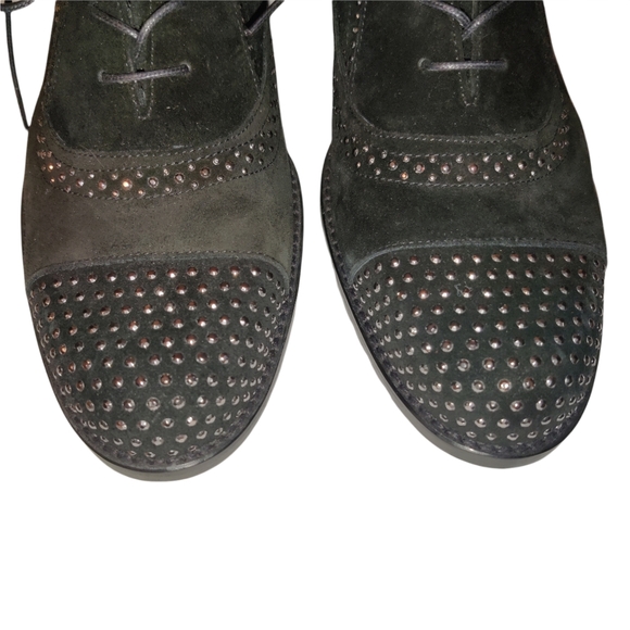 Stuart Weitzman Leather Suede Lace Up Studded Heeled Oxford Loafers - Picture 4 of 16